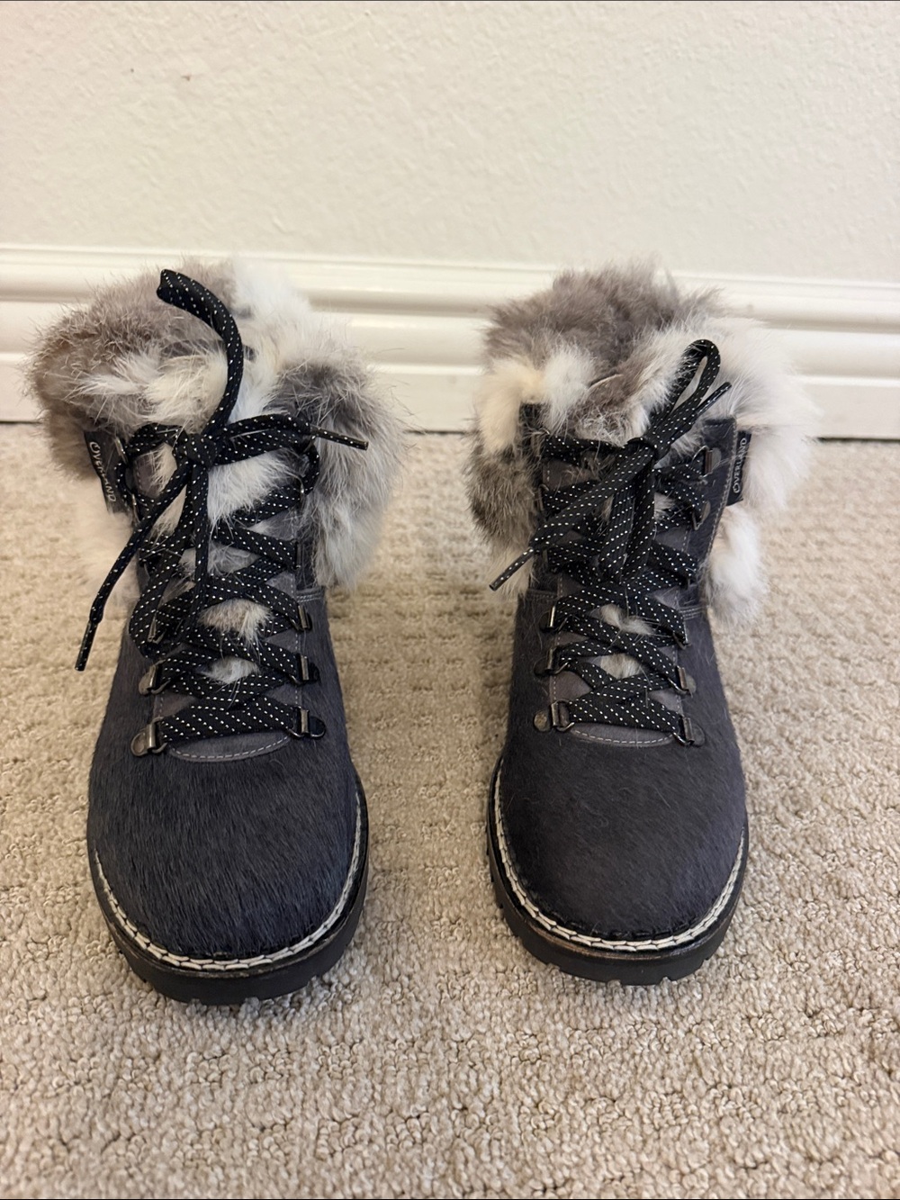 Overland Forest Gray Calfskin Leather Fur Trim Lace-Up Italian Winter Boots EU37